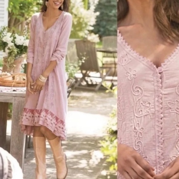 Soft Surroundings Dresses & Skirts - Soft Surroundings Dusty Pink Embroidered Button Front Genevieve Dress Medium M